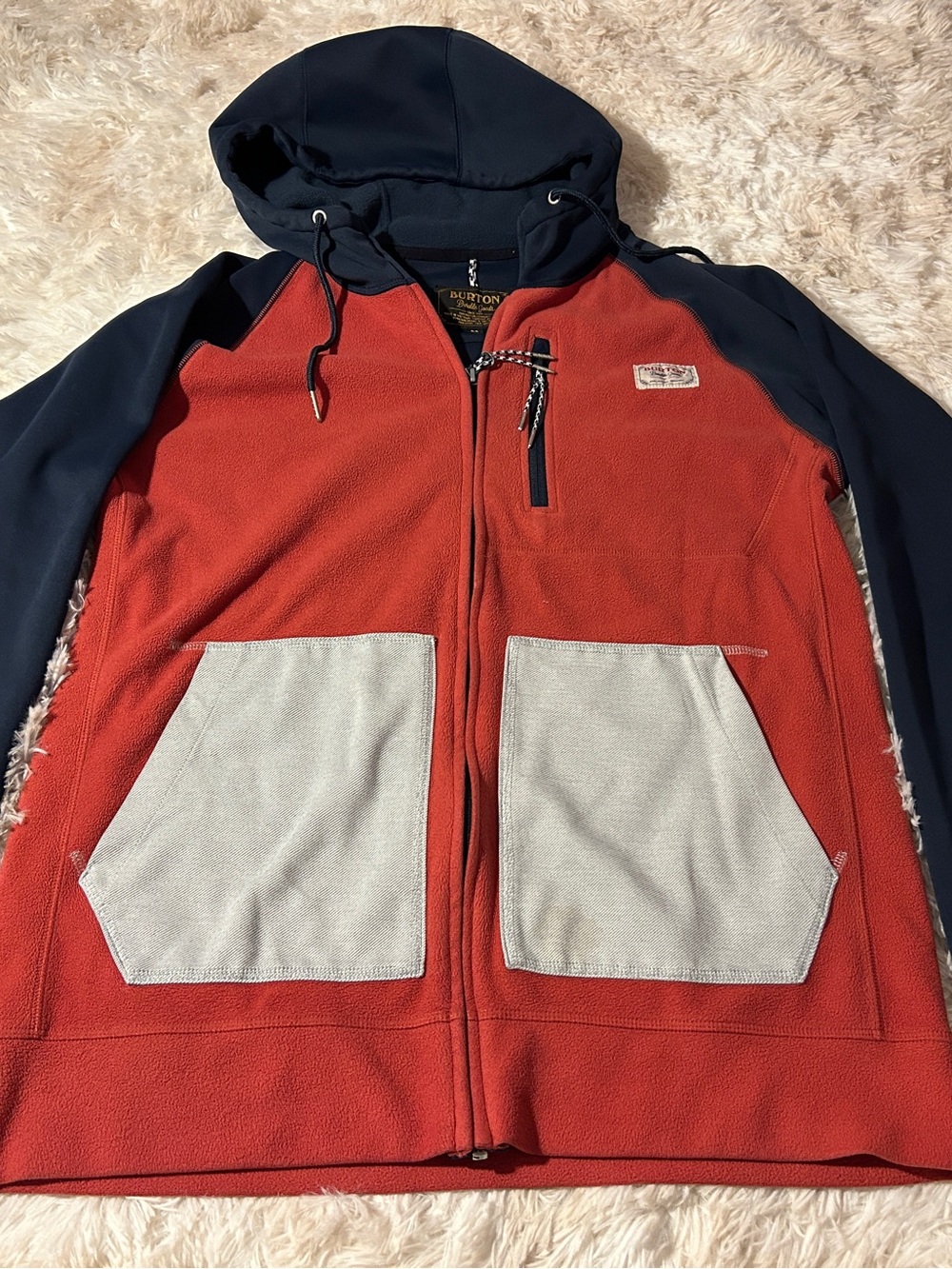 Burton Red-Orange and Navy Full-Zip Hooded Fleece Jacket